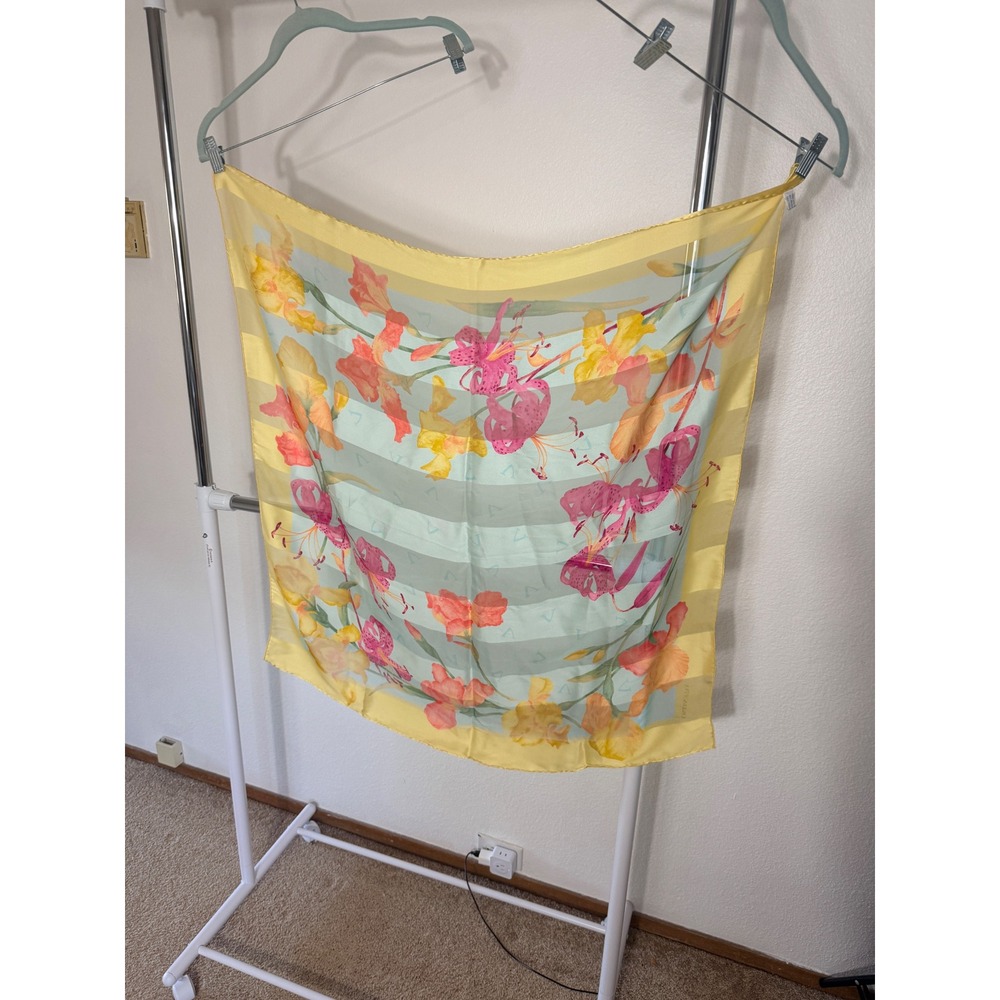 Valentino Silk Scarf Floral Lily Print Yellow Blue Made in Italy Square Scarf